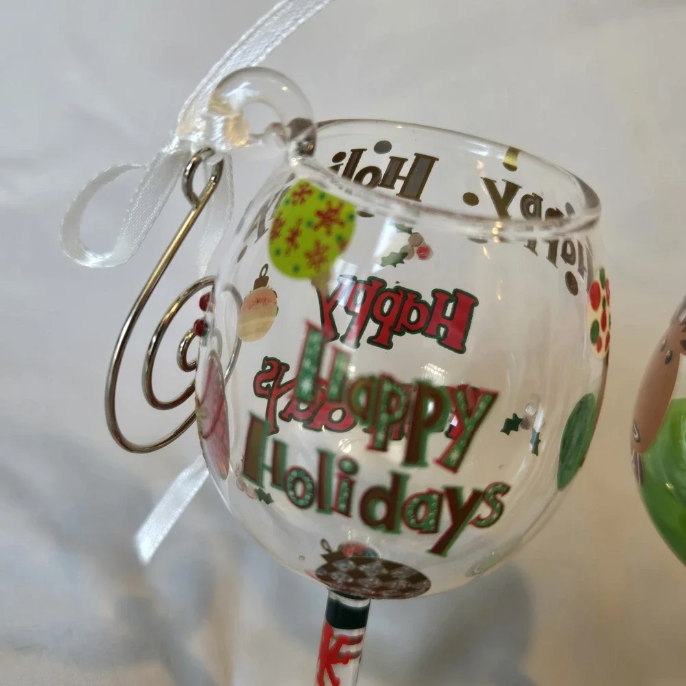 Lolita Happy Holidays Mini Wine Glass Ornament Set Reindeer Christmas Lot of 2